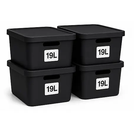 Plastard  Aufbewahrungsbox-Set 4er-Set 19 Liter in Schwarz mit Deckel – Stapelboxen, Lagerboxen