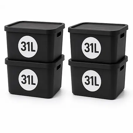Plastard  Aufbewahrungsbox-Set 4er-Set 31 Liter in Schwarz mit Deckel – Stapelboxen, Lagerboxen