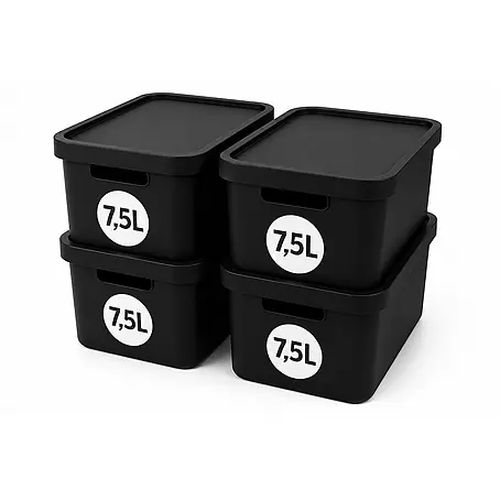 Plastard  Aufbewahrungsbox-Set 4er-Set 7,5 Liter in Schwarz mit Deckel – Stapelboxen, Lagerboxen