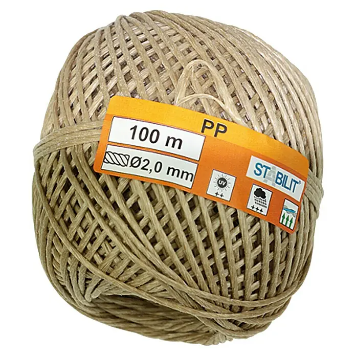 Stabilit Ovillo de cordel - Ø x L: 2 mm x 100 m, Plástico, Beige, Longitud de la cuerda: 100 metros (m) - Una bola de hilo de PP, de 100 m de largo y 2,0 mm de grosor, de Stabilit. El hilo es resistente a los rayos UV y a la intemperie, por lo que es versátil.