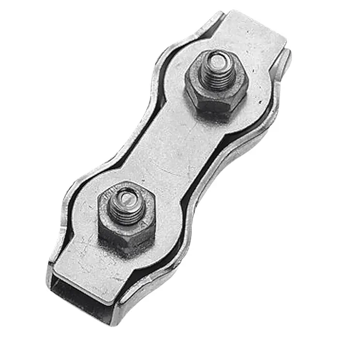Stabilit Duplex-Klemme - 4 mm - 6 mm, Stahl, Galvanisch verzinkt, 1 Stk. - Nahaufnahme einer Drahtseilklemme aus Metall mit zwei Schrauben zur sicheren Befestigung von Seilen. Robust und zuverlässig für vielfältige Anwendungen.