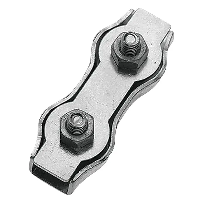 Stabilit Duplex-Klemme - 4 mm - 6 mm, Stahl, Galvanisch verzinkt, 1 Stk. - Nahaufnahme einer Drahtseilklemme aus Metall mit zwei Schrauben zur sicheren Befestigung von Seilen. Robust und zuverlässig für vielfältige Anwendungen.
