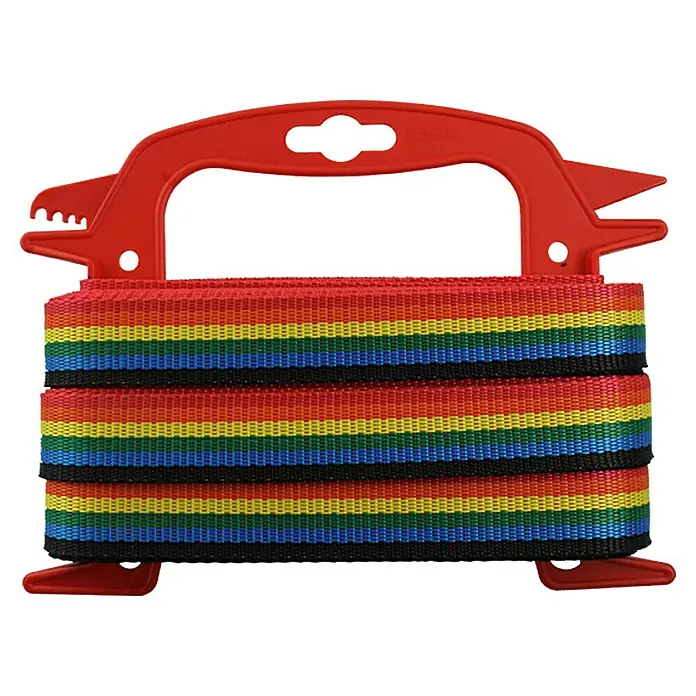 Stabilit Cinta de lona - 25 mm x 1.200 cm, Plástico, Arco iris - Juego de línea de cometa de colores del arco iris con enrollador rojo, ideal para volar cometas.