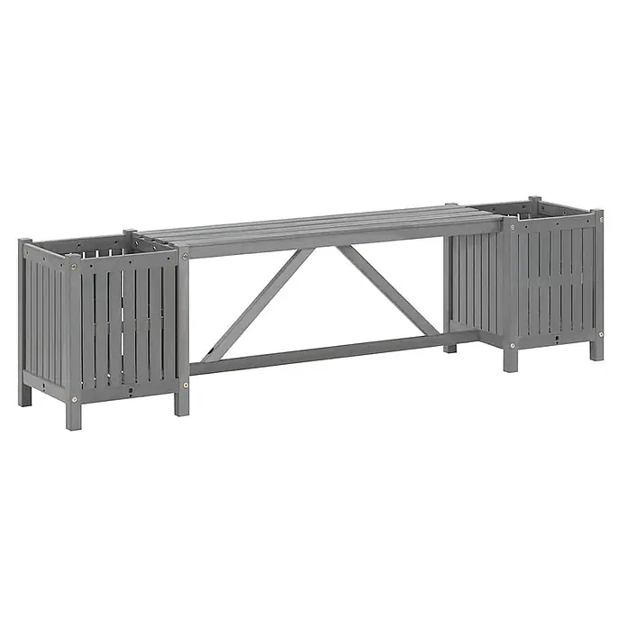 Furnicato Gartenbank mit Pflanzkübeln, Akazienholz, Grau -  - Graue Holz-Pflanzbank mit Lamellendesign, mittiger Sitzfläche und integrierten Pflanzkästen an den Enden.