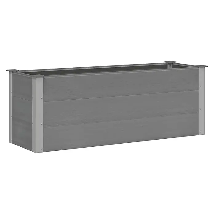 Furnicato Hochbeet - 150 x 50 x 54 cm, Verbundwerkstoff, Grau - Rechteckiger grauer Pflanzkasten mit Holzstruktur und silbernen Metalleckstützen.
