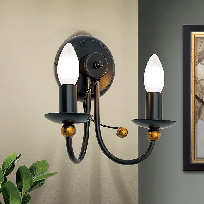 Orion Leuchten Wandleuchte - 40 W, L x B x H: 15 x 24 x 24 cm, E14 - Zweiflammige Wandleuchte aus dunkler Bronze mit Goldakzenten.