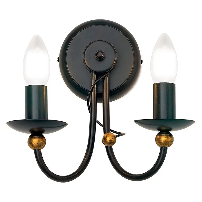 Orion Leuchten Wandleuchte - 40 W, L x B x H: 15 x 24 x 24 cm, E14 - Wandleuchte mit zwei Lichtern in dunklem Metall und vergoldeten Akzenten, mit zwei Kerzenbirnen.
