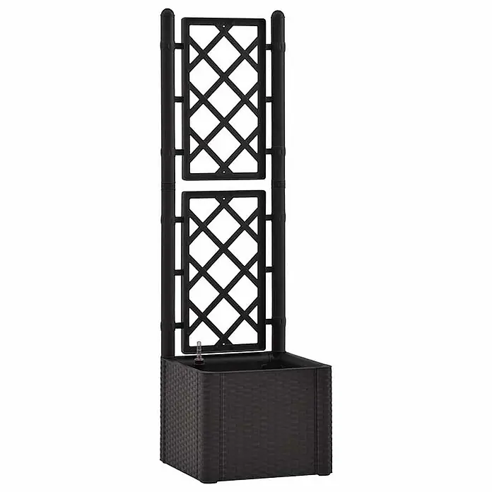 Furnicato Garten-Hochbeet mit Spalier und Selbstbewässerung, Anthrazit -  - Schwarzer Pflanzkübel in Rattan-Optik mit integriertem Rankgitter für Kletterpflanzen.