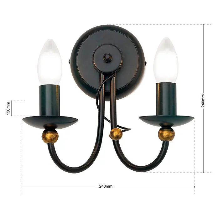 Orion Leuchten Wandleuchte - 40 W, L x B x H: 15 x 24 x 24 cm, E14 - Zweiflammige Wandleuchte aus Antikbronze mit Kerzenlampen und goldenen Akzenten.