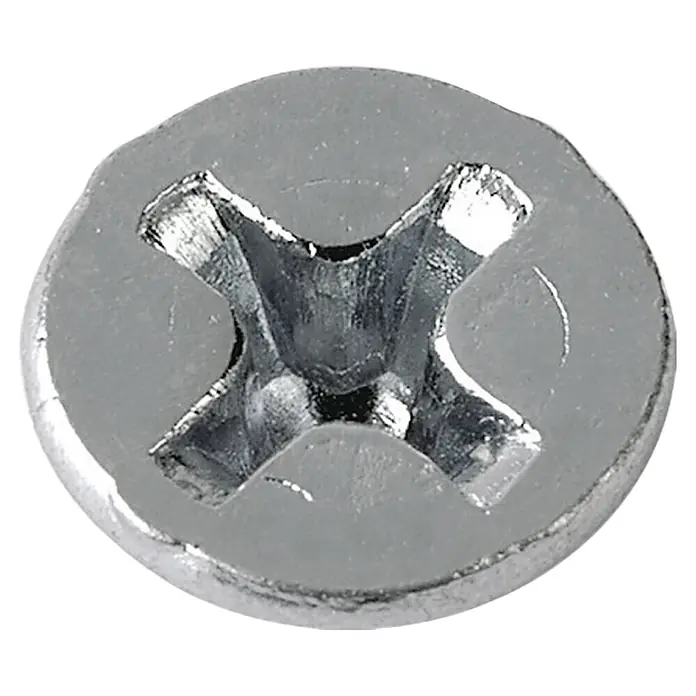 Profi Depot Gewindeschraube - Ø x L: 3 x 16 mm, 100 Stk., Edelstahl - Nahaufnahme einer glänzenden Senkkopfschraube mit Kreuzschlitz. Das Metall reflektiert das Licht und zeigt Details der Schraubenstruktur.