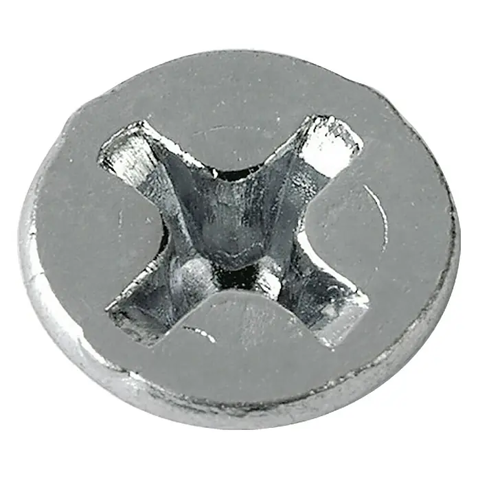 Profi Depot GewindeschraubeØ x L: 4 x 30 mm, 100 Stk., Edelstahl - Nahaufnahme einer glänzenden Senkkopfschraube mit Kreuzschlitz. Das Metall reflektiert das Licht und zeigt Details der Schraubenstruktur.