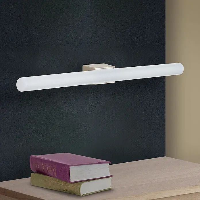 Orion Leuchten Wandleuchte - 60 W, L x B x H: 7 x 50 x 3,8 cm, S14d - Milchglas-Röhrenleuchte mit gebürstetem Metallsockel an dunkler Wand, beleuchtet Bereich mit Büchern.