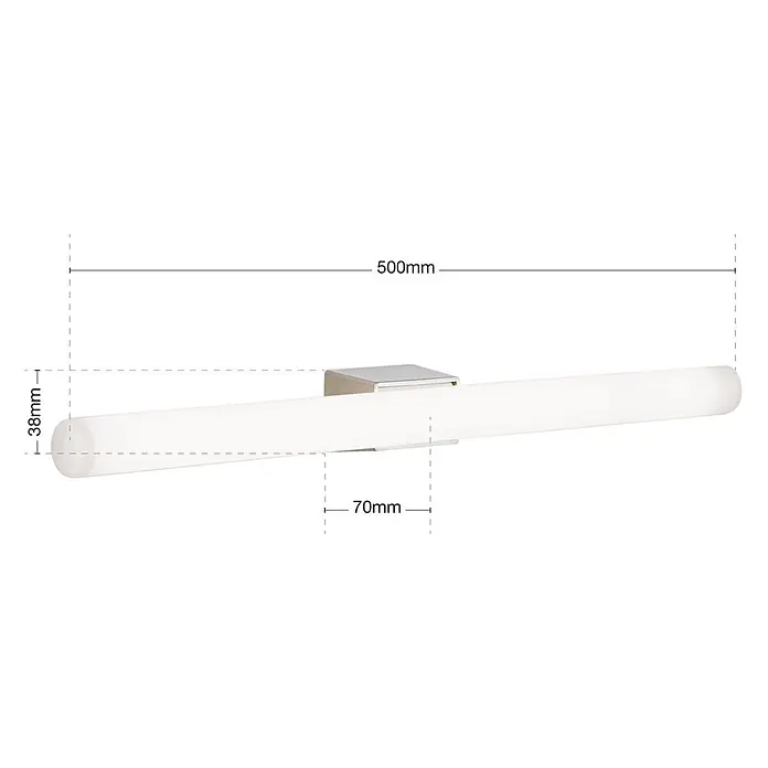 Orion Leuchten Wandleuchte - 60 W, L x B x H: 7 x 50 x 3,8 cm, S14d - Lineare, mattierte LED-Spiegelleuchte, 500mm lang und 38mm Durchmesser, mit silberner Halterung.