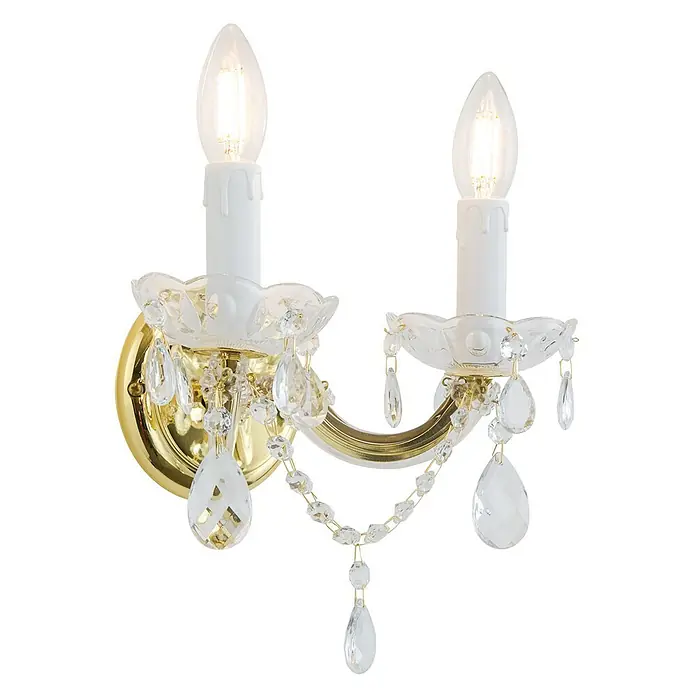 Orion Leuchten Wandleuchte - 40 W, L x B x H: 15 x 24 x 18 cm, E14 - Verzierte goldene Wandleuchte mit zwei Lichtern, Kerzenlampen und hängenden Kristallverzierungen zur dekorativen Beleuchtung.