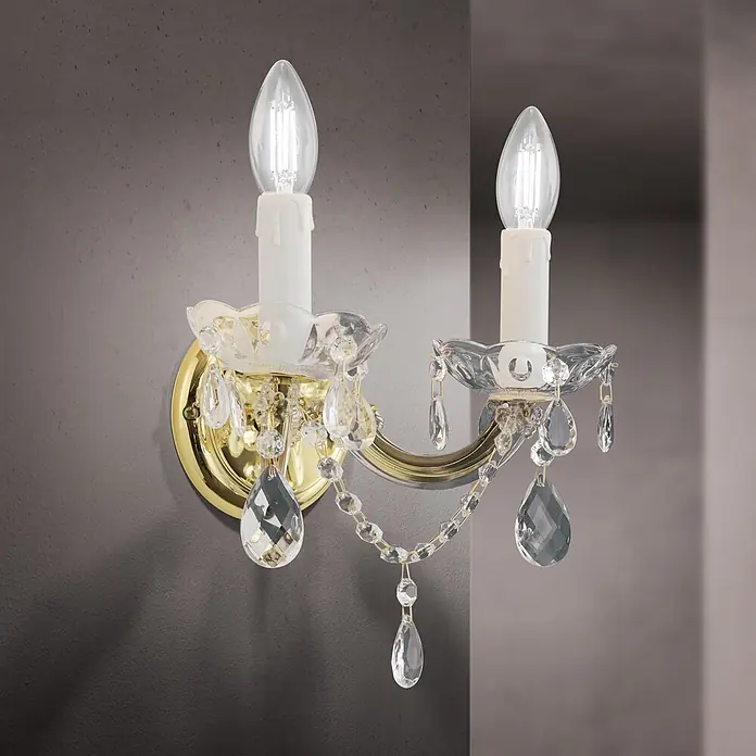 Orion Leuchten Wandleuchte - 40 W, L x B x H: 15 x 24 x 18 cm, E14 - Goldene zweiarmige Wandleuchte mit Kristallanhängern und Kerzen-LED-Lampen.
