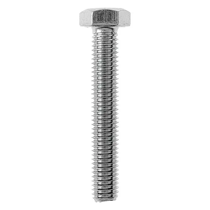 Profi Depot Sechskantschraube A2 - M 8, Länge: 50 mm, 50 Stk., Edelstahl - Nahaufnahme einer glänzenden, metallischen Schraube mit einem sechseckigen Kopf und einem Gewindeschaft.