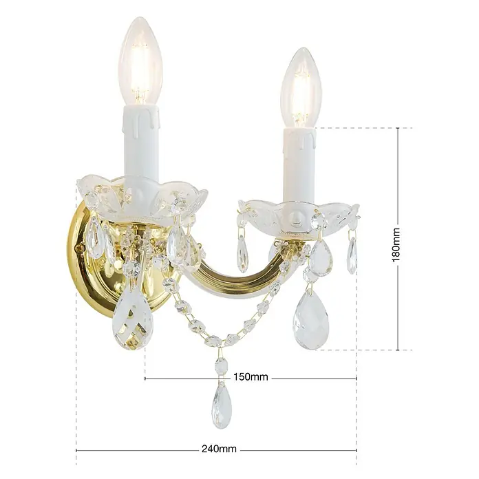 Orion Leuchten Wandleuchte - 40 W, L x B x H: 15 x 24 x 18 cm, E14 - Goldene Wandleuchte mit zwei Kerzenlichtern und Kristallbehängen, Maße: B240xH180mm.