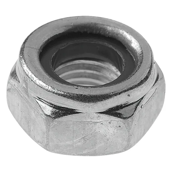 Profi Depot Stoppmutter A2 - M 5, 100 Stk., Edelstahl - Nahaufnahme einer Metall-Sicherungsmutter mit Nyloneinsatz, die für sicheren Halt auf Schrauben sorgt und Vibrationen reduziert.