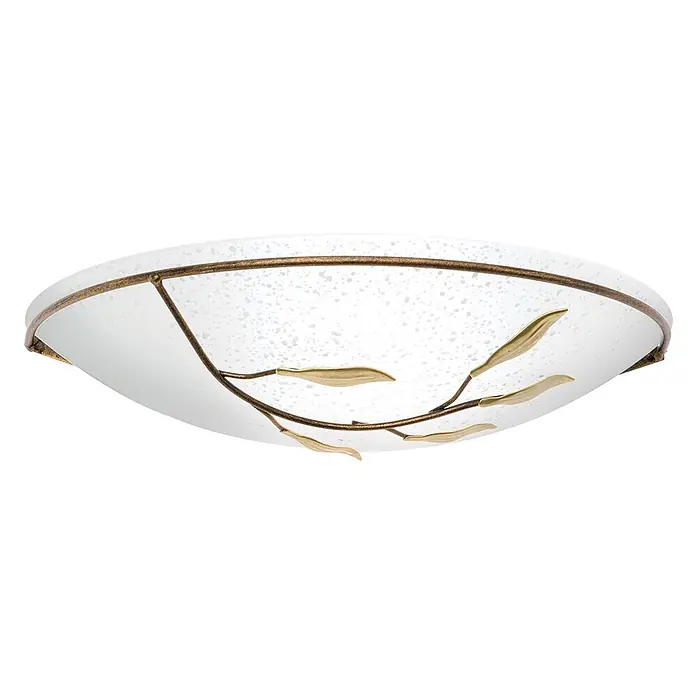 Orion Leuchten Wandleuchte - 60 W, L x B x H: 7 x 30 x 15 cm, E27 - Bronzefarbene Deckenleuchte mit mattiertem Glasdiffusor und dekorativen goldenen Blättern auf einem Metallzweig.
