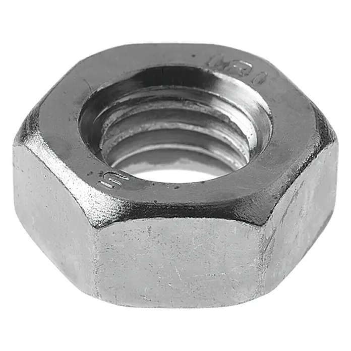 Profi Depot Sechskantmutter A2M 6, Schlüsselweite: 10, Edelstahl, 100 Stk. - Nahaufnahme einer Sechskantmutter aus Metall, die typischerweise für Schraubenverbindungen verwendet wird. Sie glänzt metallisch und hat ein Innengewinde.