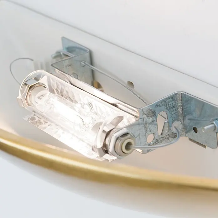Orion Leuchten Wandleuchte - 150 W, L x B x H: 15 x 45 x 8,5 cm, R7s - Klare Röhrenlampe in silberner Metallhalterung mit goldenem Akzent, Teil einer Innenleuchte.