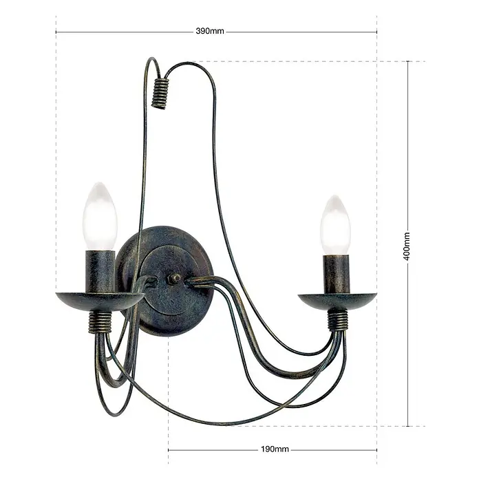 Orion Leuchten Wandleuchte - 40 W, L x B x H: 19 x 39 x 40 cm, E14 - Rustikale zweiflammige Wandleuchte in Antikmessing-Optik mit geschwungenen Metallarmen und Kerzenbirnen.