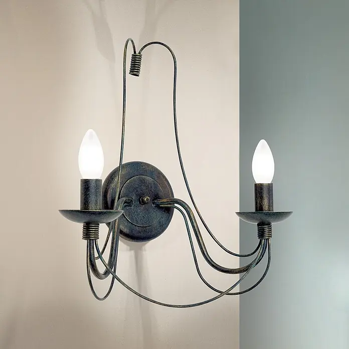 Orion Leuchten Wandleuchte - 40 W, L x B x H: 19 x 39 x 40 cm, E14 - Zweiflammige Wandleuchte aus gealtertem Metall mit dekorativen Schnörkeln und Kerzenlampen.