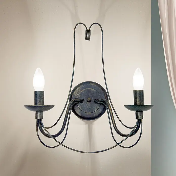 Orion Leuchten Wandleuchte - 40 W, L x B x H: 19 x 39 x 40 cm, E14 - Antiker Wandleuchter aus dunklem Metall mit zwei Kerzenlampen.