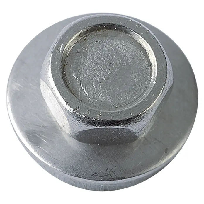 Profi Depot Fassadenbauschraube A2 - Schlüsselweite: 16 mm, Länge: 45 mm, 100 Stk. - Nahaufnahme einer glänzenden Sechskantschraube mit integrierter Unterlegscheibe, ideal für sichere Verbindungen in verschiedenen Anwendungen.