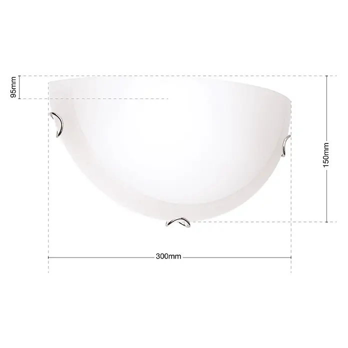 Orion Leuchten Wandleuchte - 60 W, L x B x H: 9,5 x 30 x 15 cm, E27 - Weiße, durchscheinende, schalenförmige Leuchte mit silbernen Klammern, 300mm breit, 150mm hoch, 95mm tief.