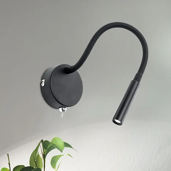 Orion Leuchten Wandleuchte - 3 W, L x B x H: 49 x 8 x 8 cm - Schwarze wandmontierte LED-Leselampe mit flexiblem Schwanenhals und Chrom-Kippschalter.