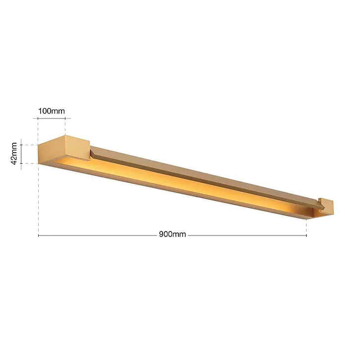 Orion Leuchten Spiegelleuchte - 24 W, L x B x H: 10 x 90 x 4,2 cm - Lange, goldfarbene lineare LED-Wandleuchte mit rechteckigem Profil für Ambientebeleuchtung.