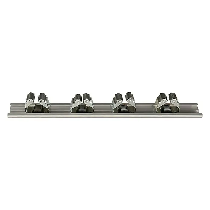 Geräteleiste - Aluminium, Stiele/Griffe mit Ø 10 bis 30 mm - Mopp- und Besenhalter für die Wandmontage mit vier Aufnahmen zur ordentlichen Aufbewahrung von Reinigungsutensilien.