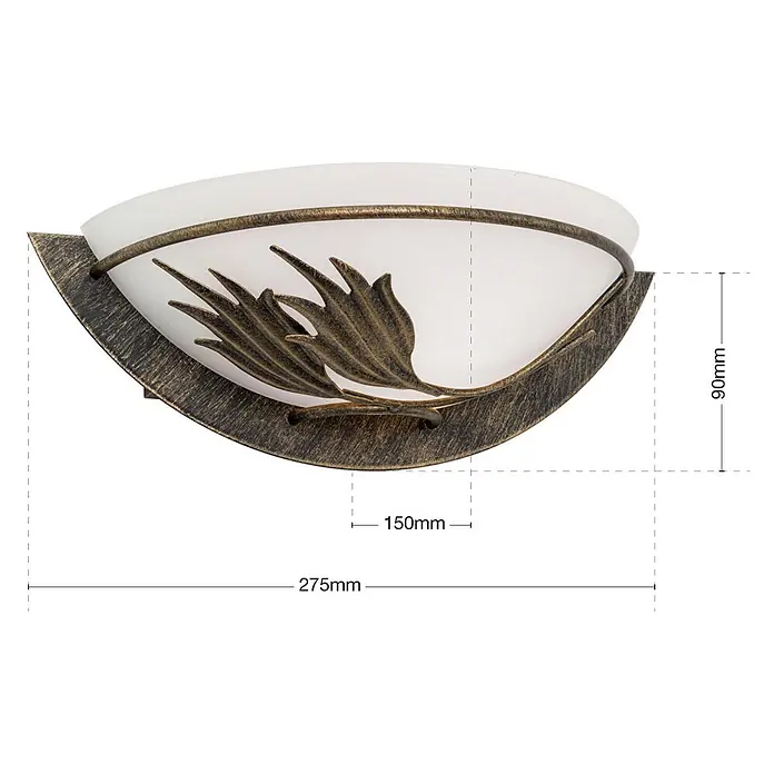 Orion Leuchten Wandleuchte - 60 W, L x B x H: 15 x 27,5 x 9 cm, E14 - Bronze Wandleuchte mit mattiertem Glasdiffusor und dekorativen Metallblättern.