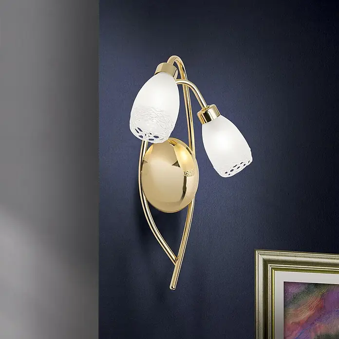 Orion Leuchten Wandleuchte - 28 W, L x B x H: 9 x 26 x 35 cm, G9 - Goldfarbene Wandleuchte aus Metall mit zwei Lampenschirmen aus mattiertem Glas.