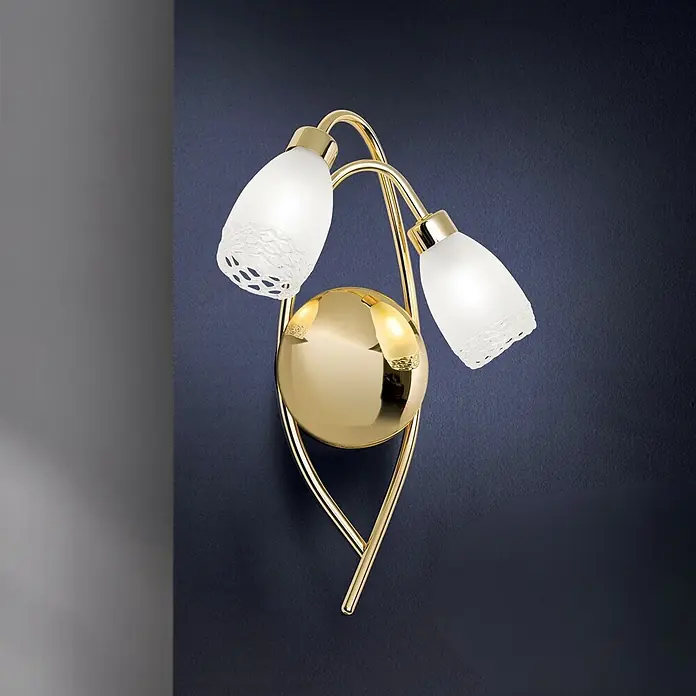 Orion Leuchten Wandleuchte - 28 W, L x B x H: 9 x 26 x 35 cm, G9 - Goldfarbene Wandleuchte mit polierter Goldkugel und zwei geschwungenen Armen mit Milchglasschirmen.