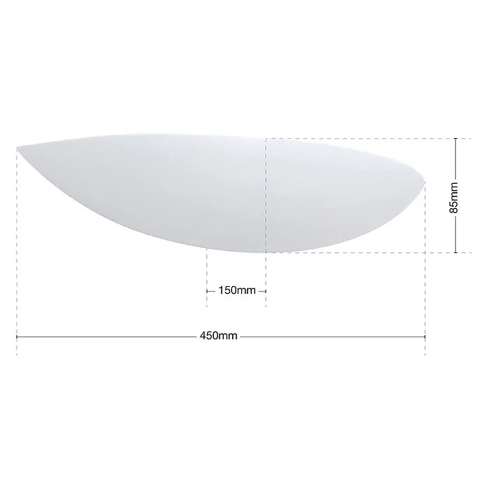 Orion Leuchten Wandleuchte - 150 W, L x B x H: 15 x 45 x 8,5 cm, R7s - Weißes, gekrümmtes Blatt mit angegebenen Maßen.