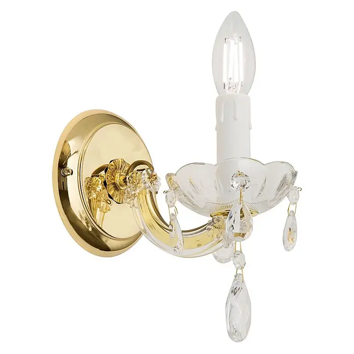 Orion Leuchten Wandleuchte - 40 W, L x B x H: 15 x 12 x 18 cm, E14 - Goldene Wandleuchte mit Kristallverzierungen und einer Kerzen-LED-Birne.