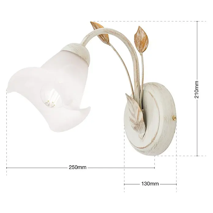 Orion Leuchten Wandleuchte - 40 W, L x B x H: 26 x 14 x 22,5 cm, E14 - Altweiße Wandleuchte mit goldfarbenen Blättern und satiniertem Glas-Lilien-Schirm.