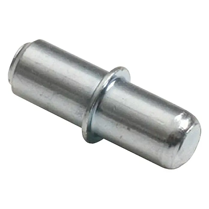 Stabilit Soporte insertable para estantes con reborde - 5 mm, 20 ud. - Primer plano de una clavija de soporte de estante plateada con un collar, utilizada para el montaje y soporte de muebles.