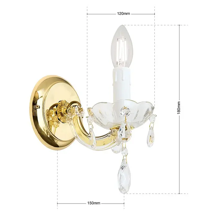 Orion Leuchten Wandleuchte - 40 W, L x B x H: 15 x 12 x 18 cm, E14 - Goldene Wandleuchte mit klaren Kristallverzierungen und Kerzenlampe.