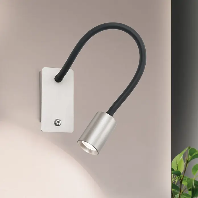 Orion Leuchten Wandleuchte - 5 W, L x B x H: 46 x 6 x 12 cm - Wandmontierte LED-Leselampe aus gebürstetem Metall mit flexiblem schwarzem Schwanenhals und Schalter, spendet warmes Licht.