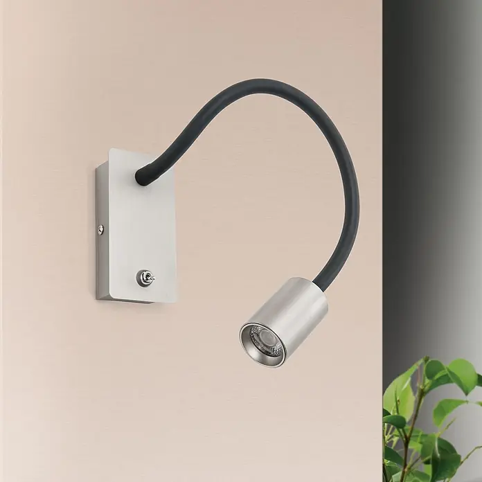 Orion Leuchten Wandleuchte - 5 W, L x B x H: 46 x 6 x 12 cm - Wandmontierte LED-Leselampe aus gebürstetem Metall mit schwarzem biegsamem Arm und Kippschalter.