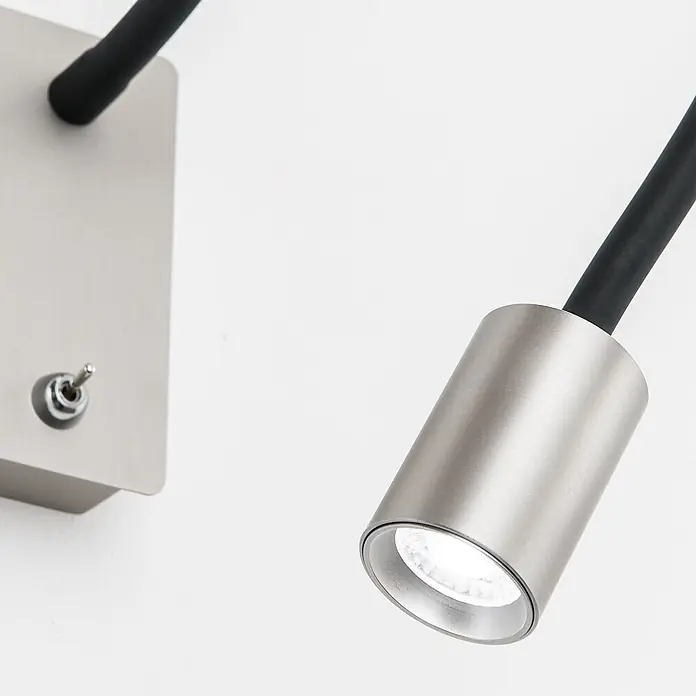 Orion Leuchten Wandleuchte - 5 W, L x B x H: 46 x 6 x 12 cm - Wandstrahler aus gebürstetem Metall mit flexiblem schwarzem Arm und Kippschalter, Licht an.