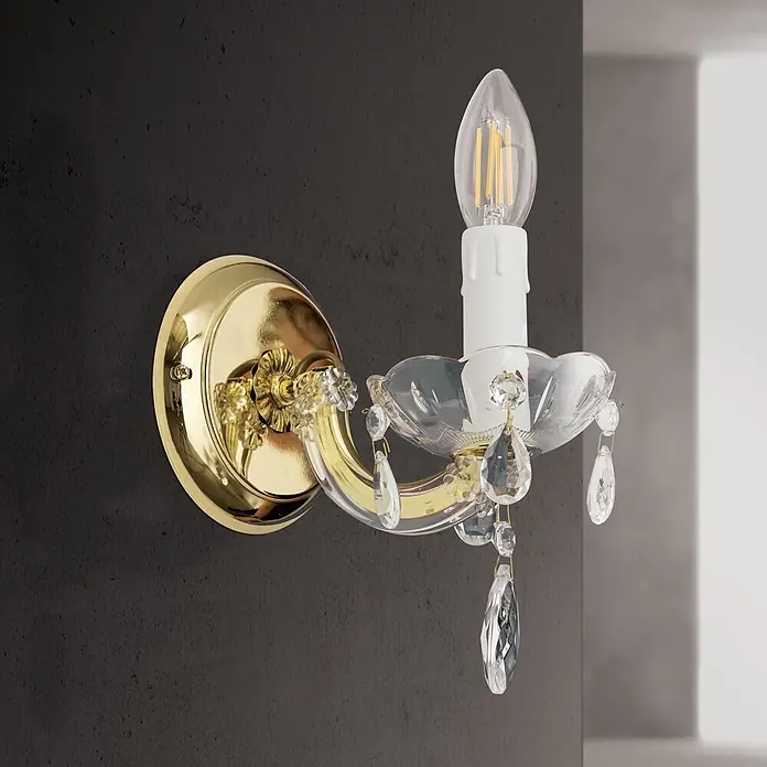Orion Leuchten Wandleuchte - 40 W, L x B x H: 15 x 12 x 18 cm, E14 - Goldene Wandleuchte mit klaren Kristalltropfen und einer Kerzen-LED-Birne.