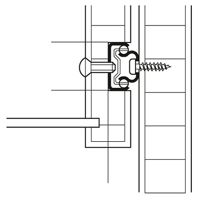 Accuride Schubladenführung - Länge Schubkasten: 330 mm - 550 mm, Traglast: 40 kg, Teilauszug, Nutmontage am Schubkasten, Verzinkt - Eine detaillierte Illustration eines Verschlussmechanismus, der eine Schraube und eine zugehörige Halterung zeigt.
