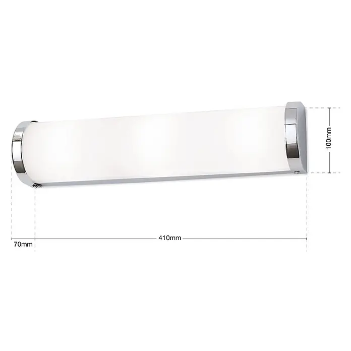 Orion Leuchten Wandleuchte - 40 W, L x B x H: 7 x 41 x 10 cm, G9 - Rechteckige LED-Spiegelleuchte mit weißem Diffusor und Chromakzenten, 410mm lang, 100mm hoch, 70mm tief.