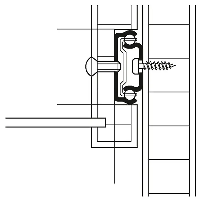 Stabilit Guía para cajones - Longitud cajón: 312 mm - 520 mm, Capacidad de carga: 10 kg, Extracción parcial, Montaje de ranura en el cajón, Zincado - Vista detallada de un dispositivo de montaje con tornillo y perno, mostrando detalles claros de la tecnología de fijación.