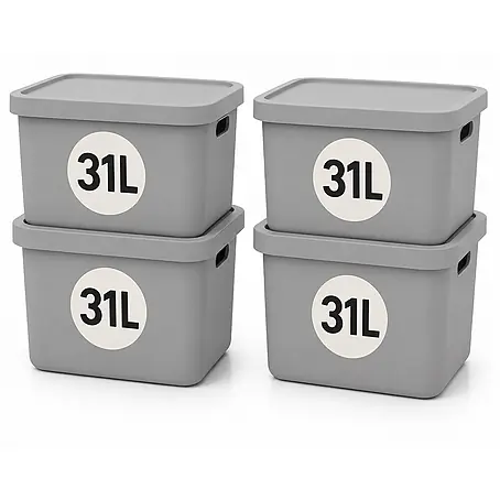 Plastard  Aufbewahrungsbox-Set 4er-Set 31 Liter in Grau mit Deckel – Stapelboxen, Lagerboxen