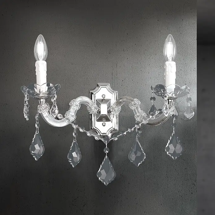 Orion Leuchten Wandleuchte - 40 W, L x B x H: 23 x 36 x 25 cm, E14 - Zweiflammige Kristall-Wandleuchte aus poliertem Silbermetall mit klaren geschliffenen Kristallen und weißen Kerzenlampen.